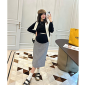 千鸟格半身裙开叉显瘦托腹羊毛中长款 时尚 裙子 春款 LeoMami孕妇装