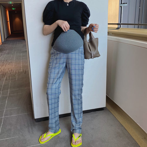 春秋时尚新款显瘦托腹格子孕妇裤