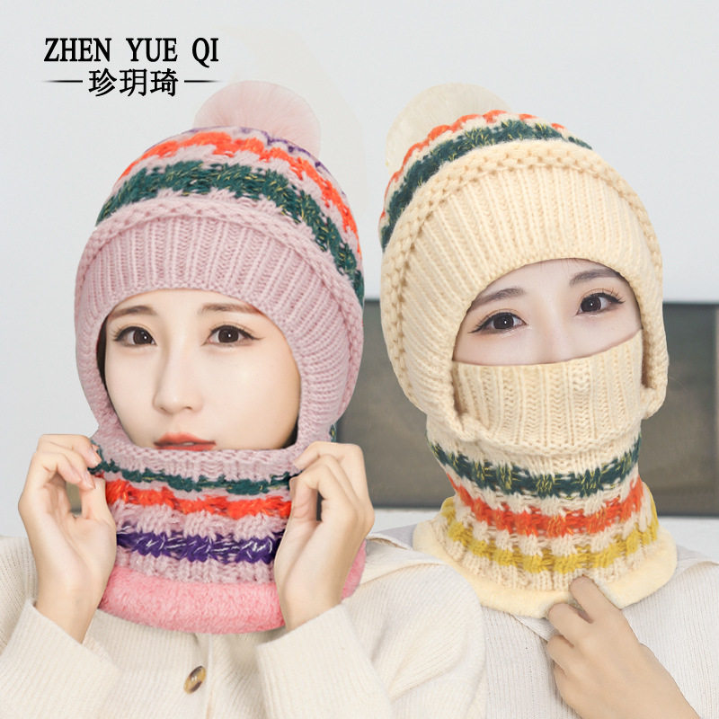冬季花色麻花帽子围脖面罩一体帽女士加绒保暖护脖骑车连体针织