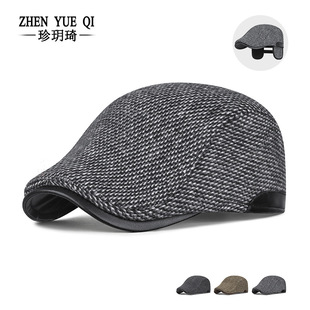 冬季新款加绒鸭舌帽男士中老年拼皮格子纹毛呢前进帽防寒护耳