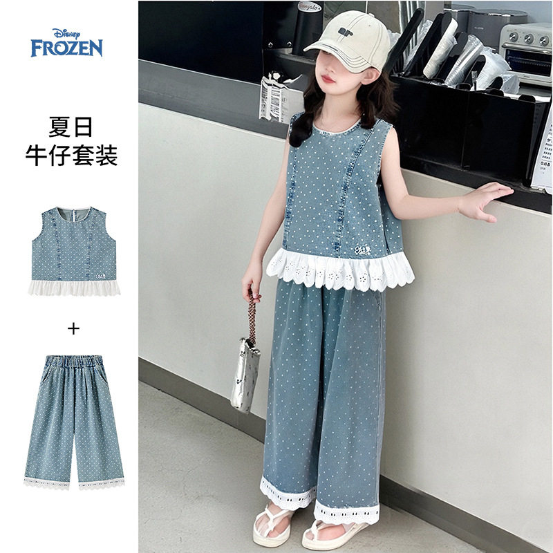 迪士尼女童夏季款牛仔套装2026新款儿童中大童无袖上衣裤子两件套