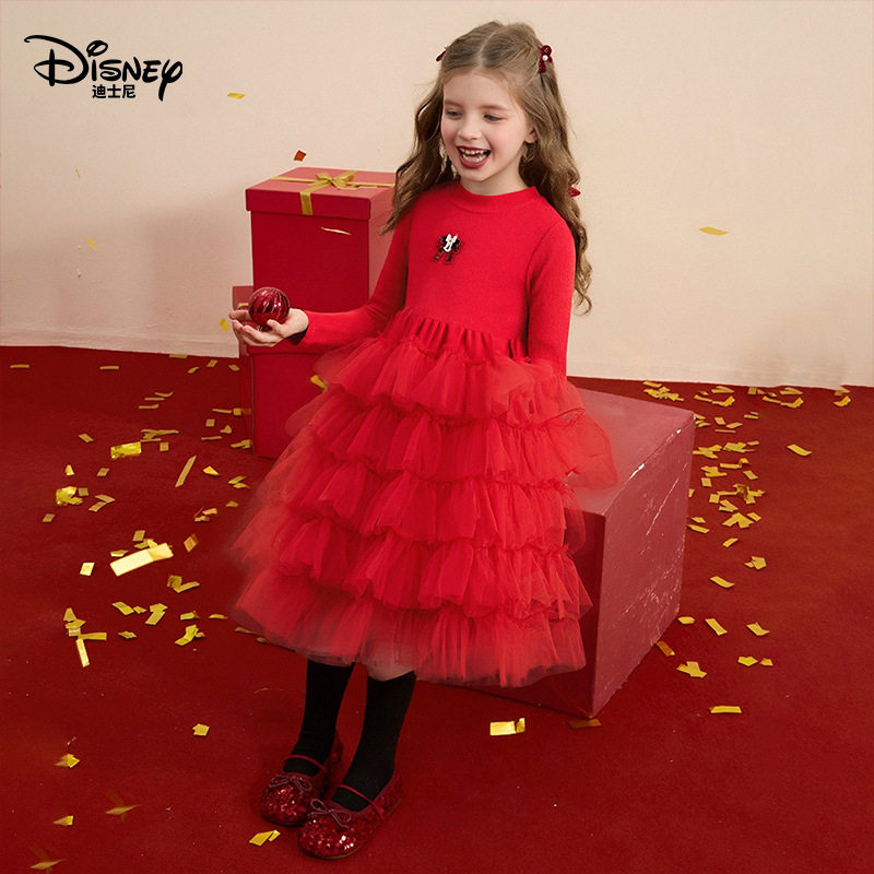 迪士尼童装女童连衣裙长袖网纱裙仙气公主裙中长款儿童礼服裙子