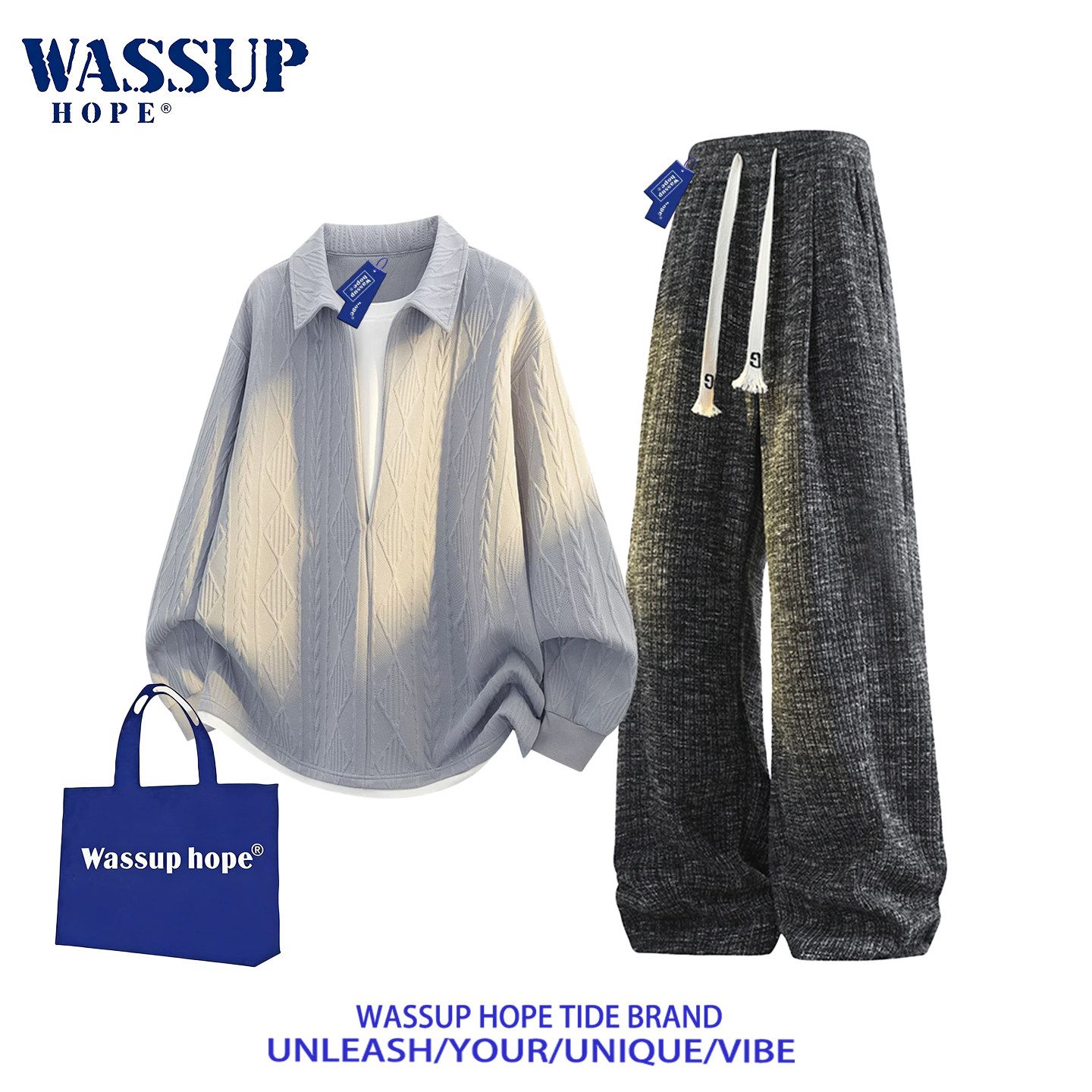 WASSUP HOPE潮牌秋季男士肌理感两件套宽松翻领长袖阔腿长裤套装