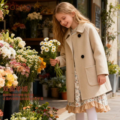 女童大衣纯羊毛2025年秋冬新款儿童双面羊绒中长款毛呢红色拜年服