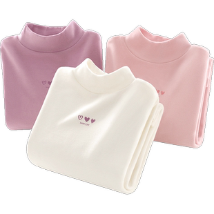 女童打底衫秋冬新款儿童长袖T恤大童半高领秋衣加绒白色上衣童装