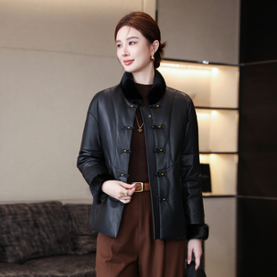 海宁新中式真皮皮衣女短款水貂毛领盘扣高端绵羊皮羽绒服冬装外套