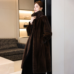进口天鹅绒水貂皮大衣女长款新款冬小母貂咖色整貂毛皮草裘皮外套