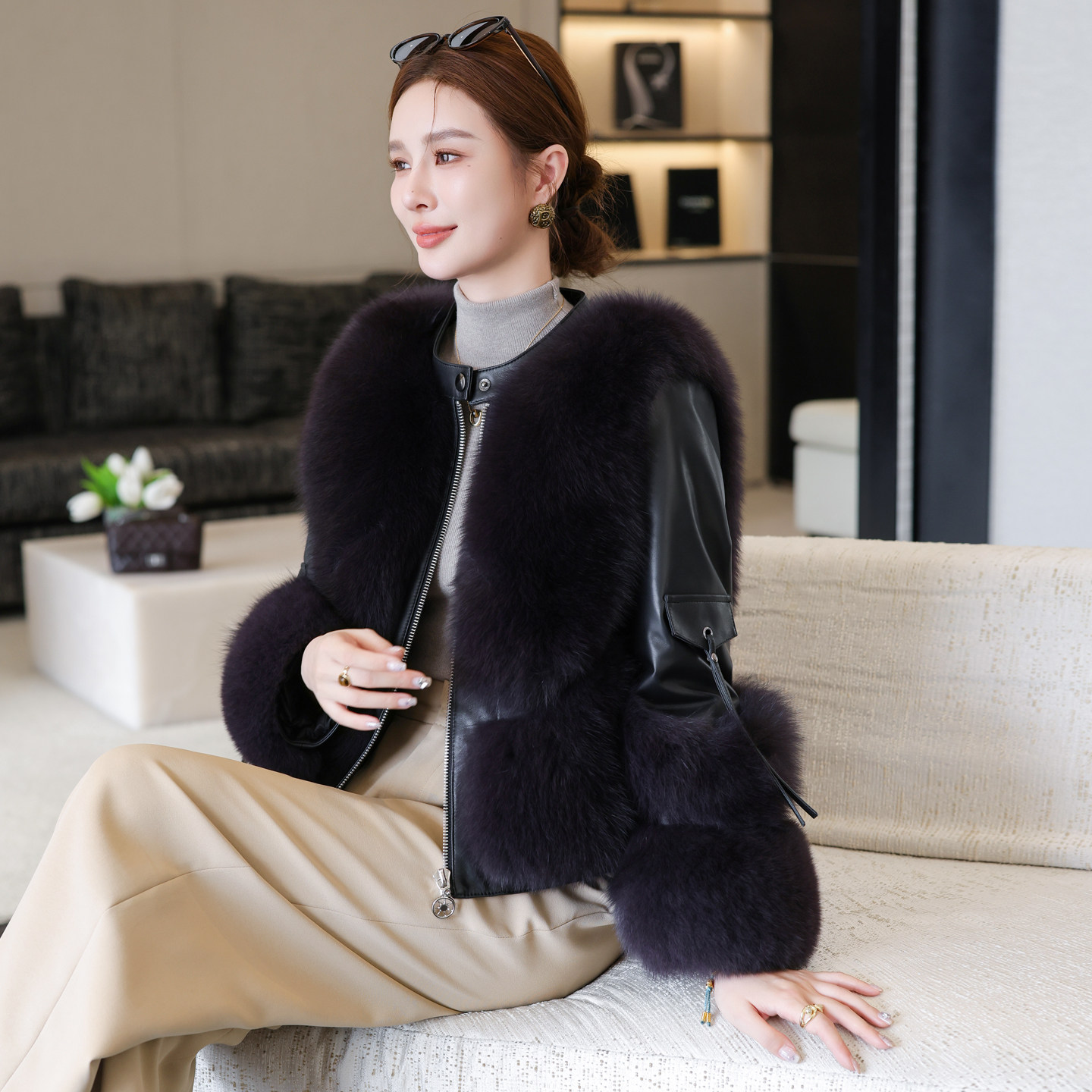 狐狸毛领绵羊皮羽绒服皮衣外套