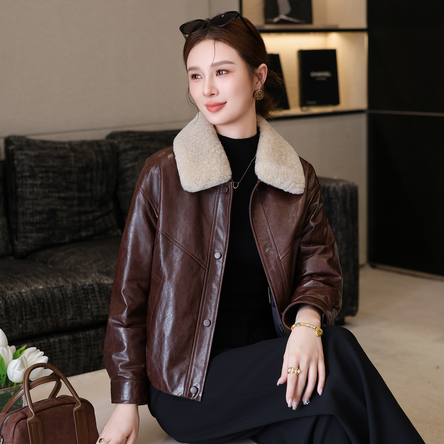 高端真皮羽绒服皮衣女短款