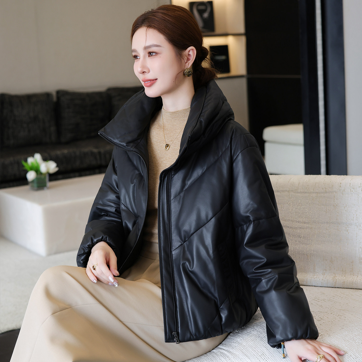 立领小个子绵羊皮羽绒服皮衣外套