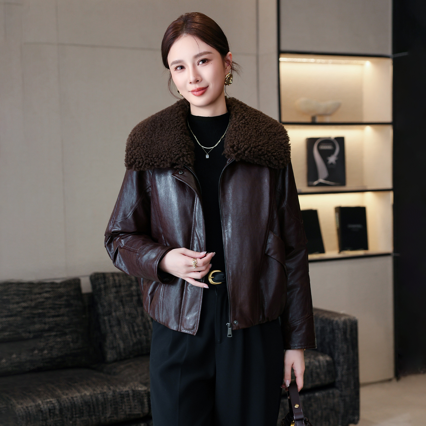 海宁新款冬羊羔毛领绵羊皮衣