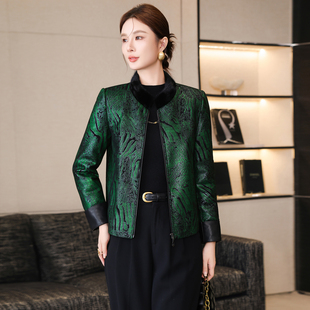 海宁真皮羽绒服皮衣女短款新款冬季中国风印花妈妈绵羊皮夹克外套