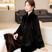 进口水貂皮大衣女天鹅绒V领时尚 黑色海宁高端整貂毛皮草裘皮外套