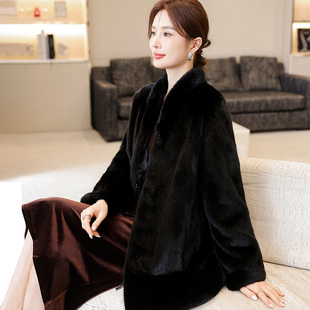 进口水貂皮大衣女天鹅绒V领时尚黑色海宁高端整貂毛皮草裘皮外套