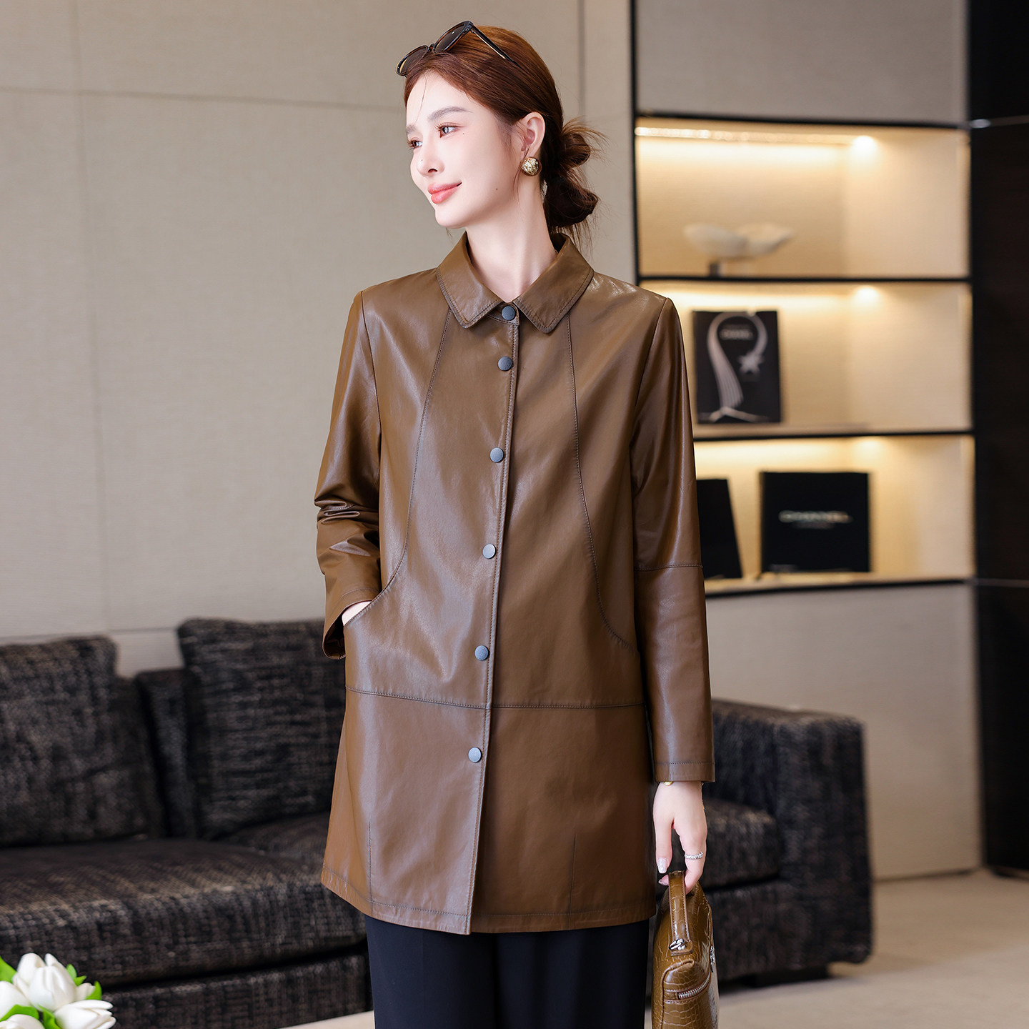 海宁真皮皮衣女2025新款中长款