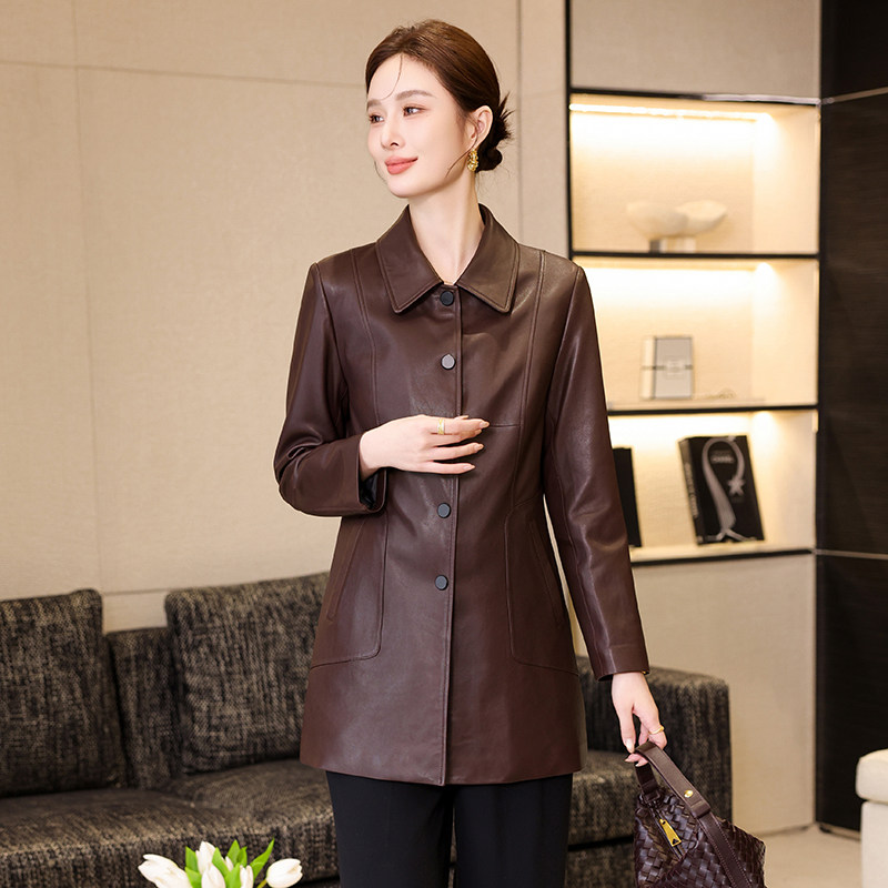 真皮皮衣外套女中长款修身显瘦2025开春皮衣高级感绵羊皮真皮风衣