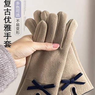 韩版复古麂皮手套女秋冬季骑电车露指可触屏加绒防风骑车保暖手袜