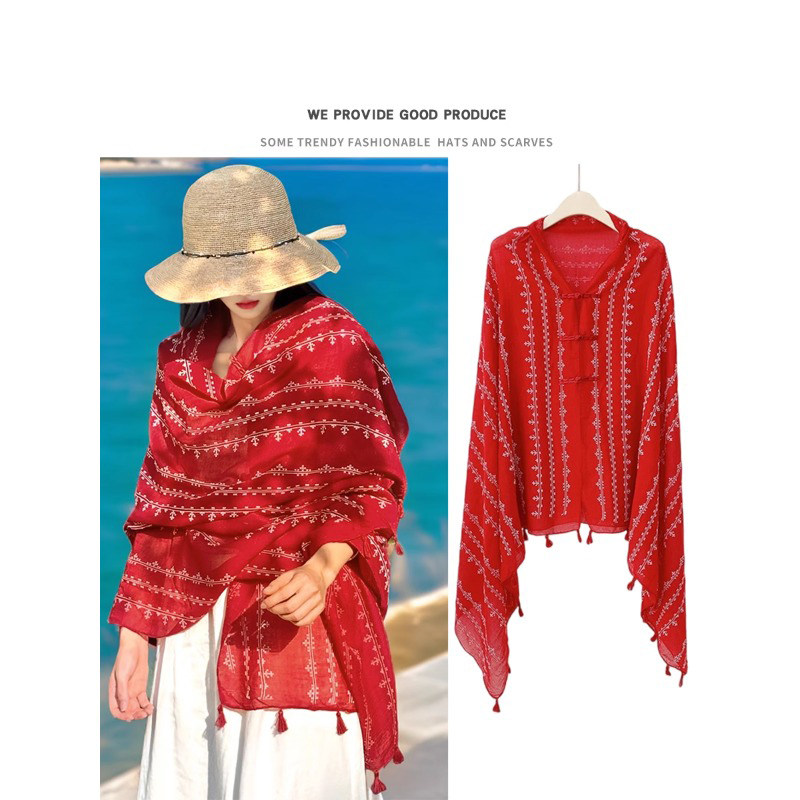 新款民族风盘扣披肩云南大理旅游外搭棉麻防晒披风女夏季薄款丝巾