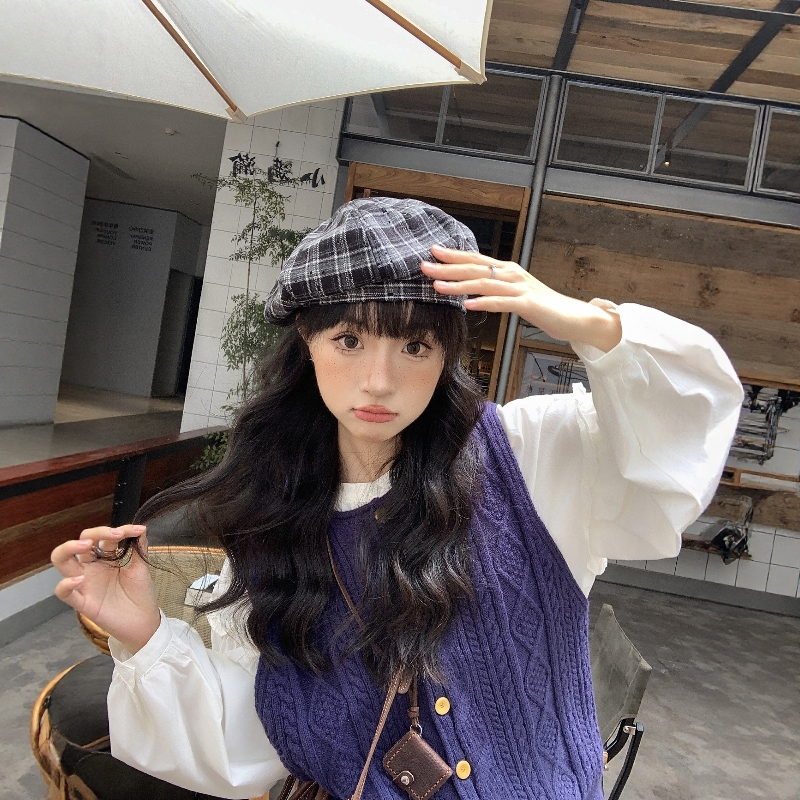 【复古】格子条纹贝雷帽