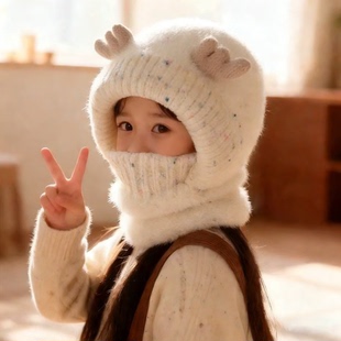 儿童帽子围脖口罩一体冬季男女童毛绒鹿角保暖护耳宝宝毛线套头帽