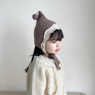 婴儿针织护耳帽2025新款 秋冬保暖加厚蕾丝花边女宝宝可爱毛线帽子