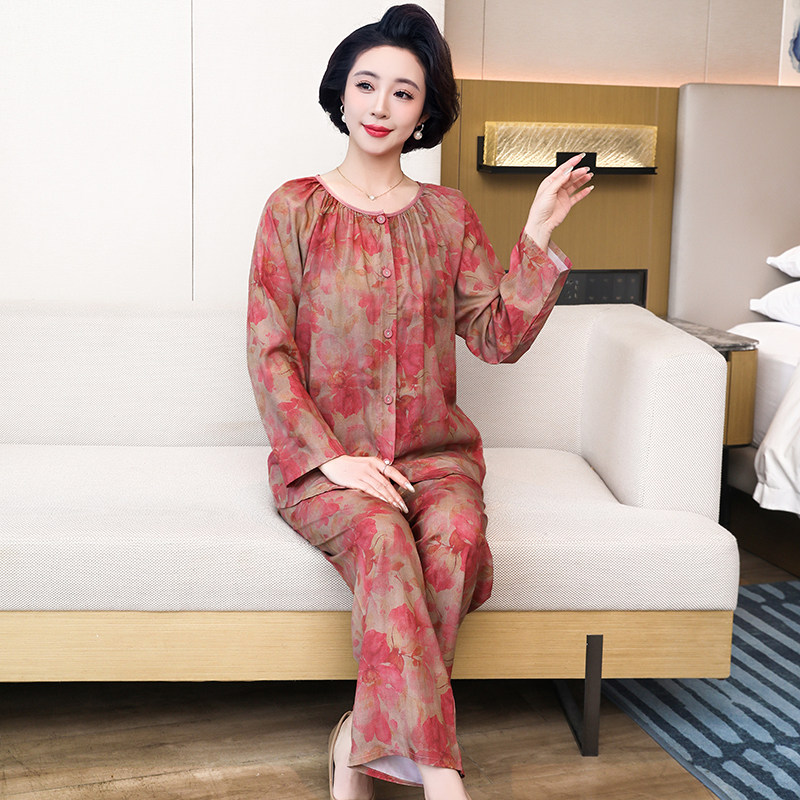 高贵妈妈睡衣女夏季长袖纯棉绸薄款中老年轻奢风可外穿家居服套装