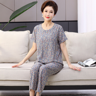 夏棉绸睡衣女高级感妈妈纯棉短袖 大码 中老年绵绸家居服人造棉套装