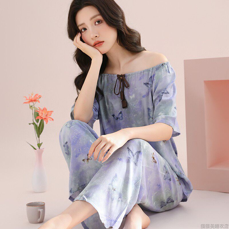 中年睡衣女夏季妈妈纯棉绵绸短袖薄款民族风可外穿休闲家居服套装