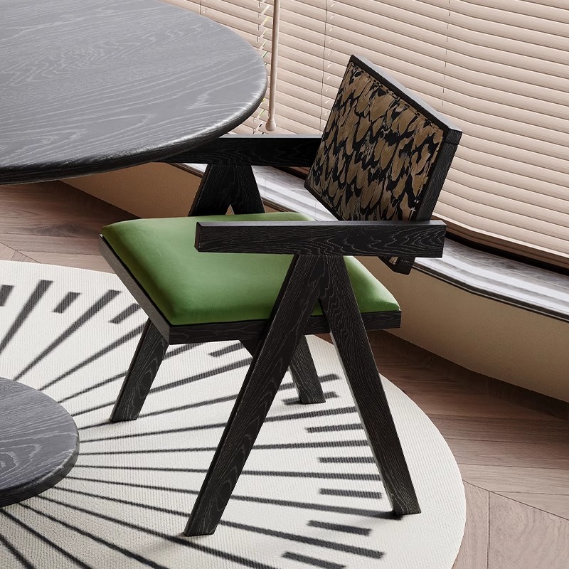 中古风昌迪加尔实木餐椅家用搭配法式复古靠背椅书桌椅阳台椅K椅