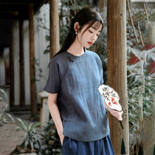 亚麻复古新中式薄款衬衫女夏季2025新款圆领短袖t恤国风茶服上衣