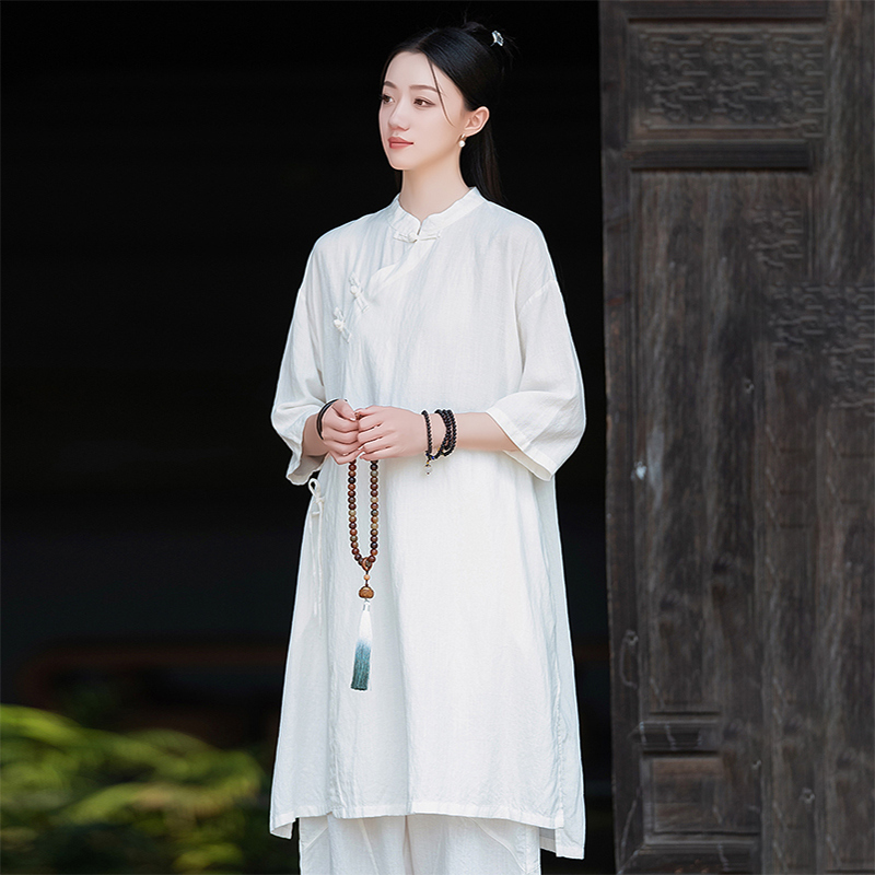 亚麻复古新中式短袖衬衫女春秋2025新款棉麻国风偏襟袍子禅修茶服