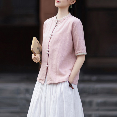新中式棉麻短袖衬衫练功服女款夏