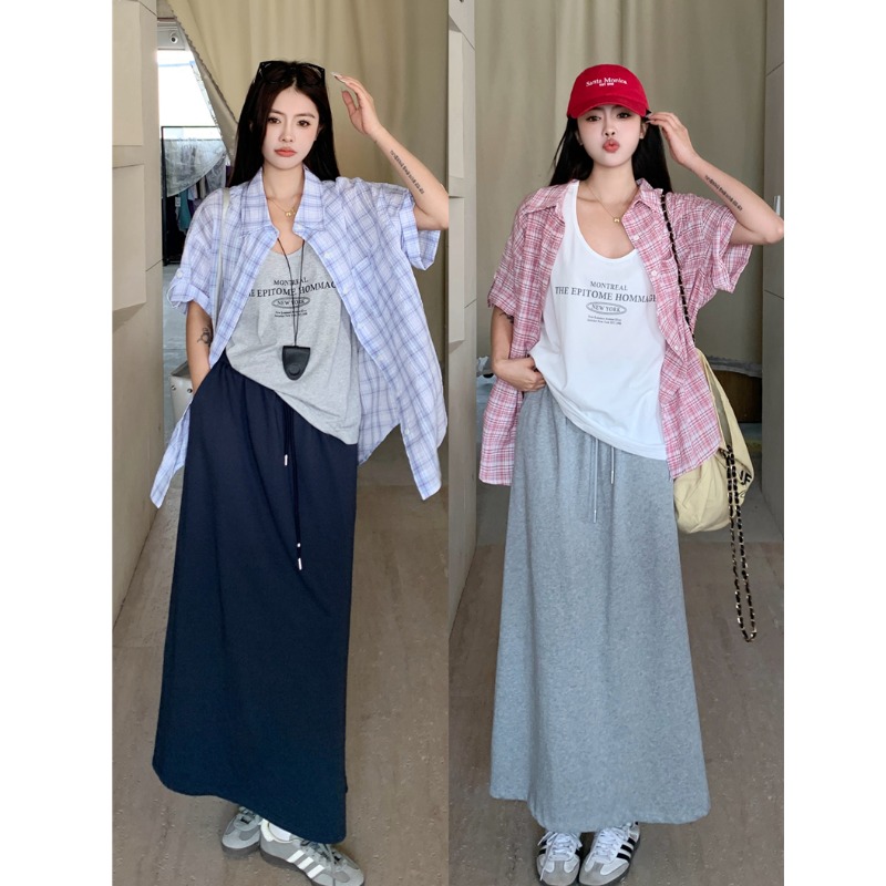 小吉家大码女装夏季宽松格子短袖衬衫字母打底背心遮肉半身裙套装