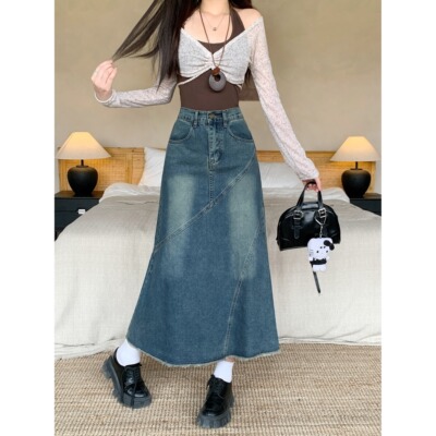 小吉家大码女装春装新款胖mm复古毛边牛仔半身裙高腰A字中长裙子
