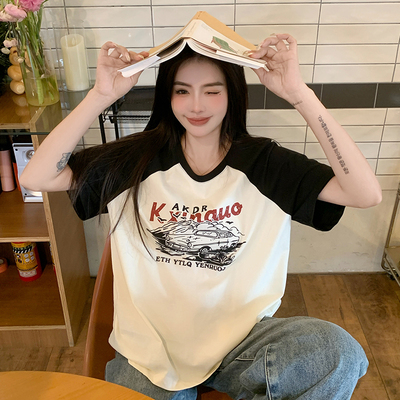 小吉家大码女装美式复古辣妹短袖T恤设计感撞色圆领拼接宽松上衣