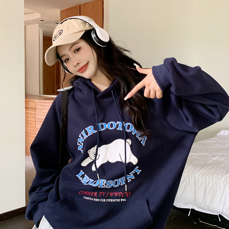 小吉家大码女装秋冬可爱印花宽松型连帽卫衣加绒加厚百搭学生上衣