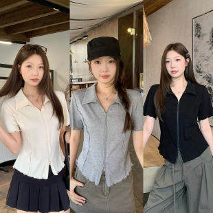 小吉家大码女装夏季胖mm简约翻领双拉链木耳边短袖小衫显瘦上衣女