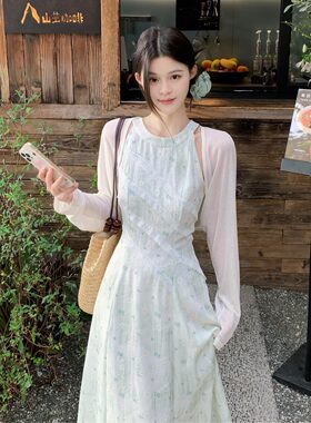 小吉家大码女装胖mm早春韩系蕾丝拼接提花高腰连衣裙长袖开衫套装