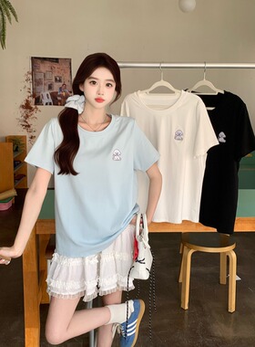 小吉家大码女装夏季新款胖mm时尚韩系刺绣小狗宽松显瘦短袖T恤女