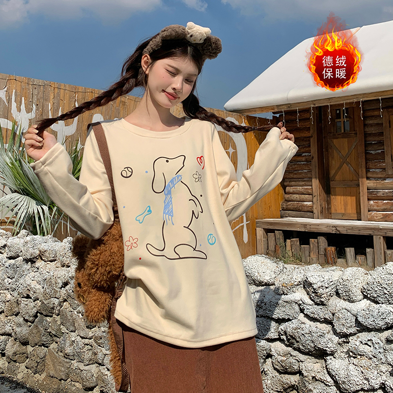 小吉家大码女装冬季双面德绒减龄打底衫圆领印花宽松长袖内搭T恤