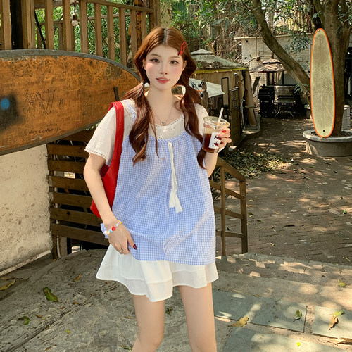 小吉家大码女装夏季新款甜美减龄时尚套装胖mm韩系格纹假两件上衣