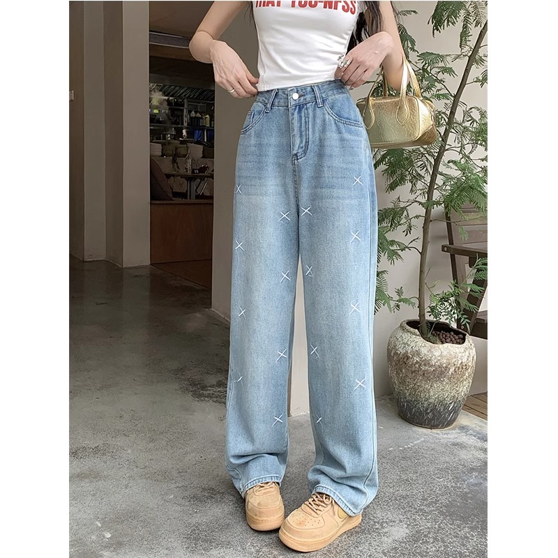 小吉家大码女装刺绣阔腿牛仔裤夏季高腰宽松显瘦胖mm百搭直筒长裤