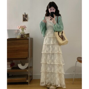 蕾丝蛋糕吊带连衣裙遮肉套装 春夏薄荷绿针织开衫 女 女装 小吉家大码