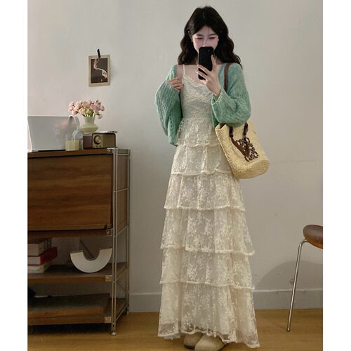 小吉家大码女装春夏薄荷绿针织开衫蕾丝蛋糕吊带连衣裙遮肉套装女
