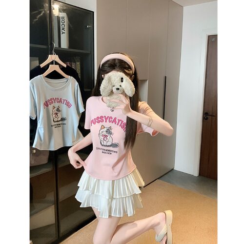 小吉家大码女装夏季新款胖mm甜美减龄卡通印花小猫弧形短袖T恤女