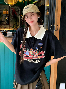 小吉家大码女装美式复古字母印花短袖T恤夏季polo领宽松减龄上衣
