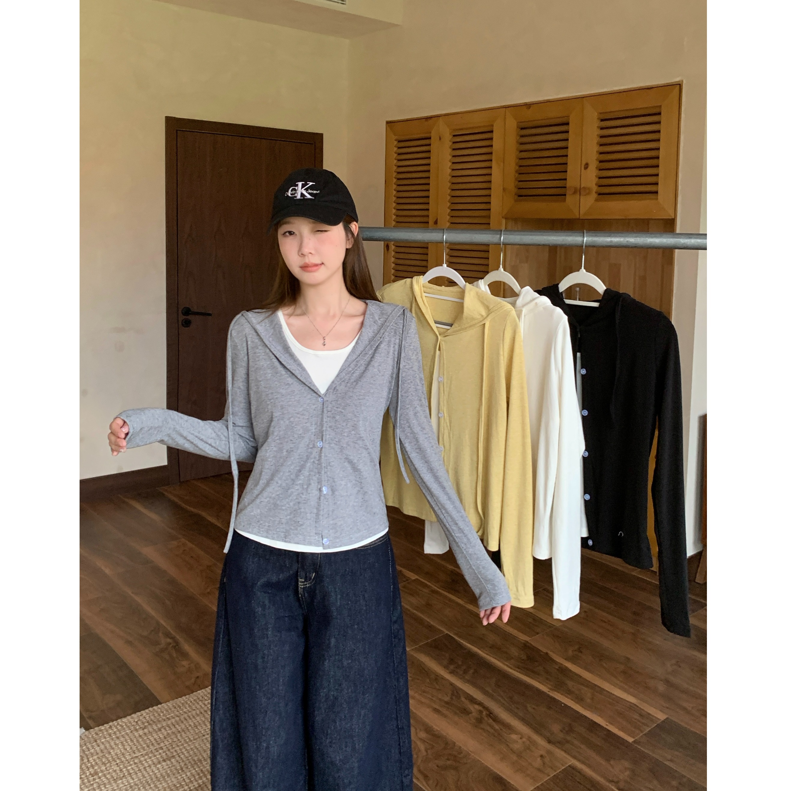 小吉家大码女装秋装新款胖mm休闲百搭撞色假两件连帽T恤长袖上衣