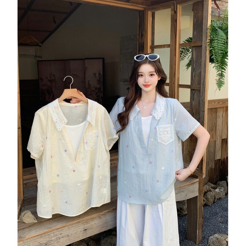 小吉家大码女装夏季新款胖mm气质休闲刺绣小花假两件短袖衬衫上衣