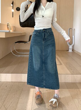 小吉家大码女装春季新款胖mm高腰显瘦开叉牛仔半身裙a字包臀裙子