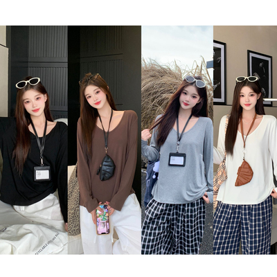 小吉家大码女装秋季新款长袖U领宽松显瘦基础款百搭T恤内搭上衣女